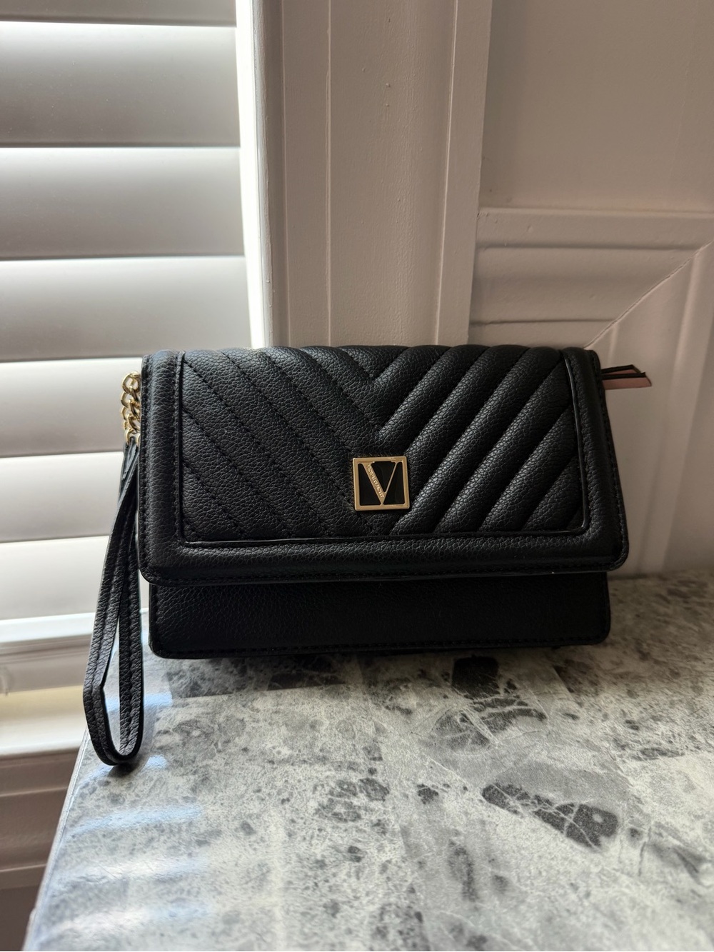 Victoria's Secret Black Quilted Wristlet Clutch with Gold V Accent
